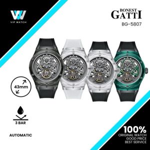 Bonest Gatti Transparent Case Dodecagon Bezel Automatic Skeleton Movement Round Shaped Fluororubber Strap Watch BG5807