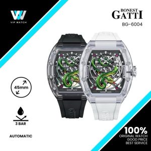 Bonest Gatti Transparent Tonneau Case 3D Snake Dial Skeleton Movement Fluororubber Strap Watch Luminous BG6004