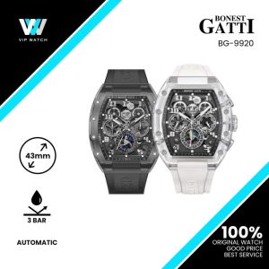 Bonest Gatti Barrel shaped Skeleton Movement K9 Crystal Case Fluororubber Strap Watch Luminous BG9920