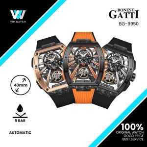 Bonest Gatti Carbon Fiber+Fine Steel Case Barrel shaped sapphire crystal watch Skeleton Movement Watch BG9950