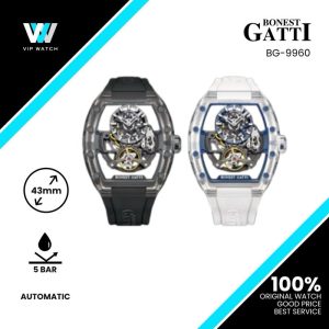 Bonest Gatti Barrel shaped K9 Crystal case Skeleton Movement Fluororubber Strap Watch Luminous BG9960