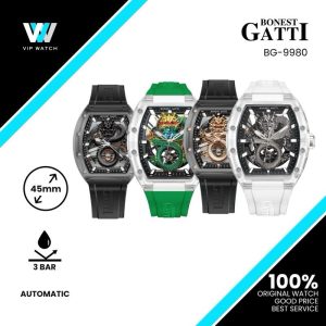 Bonest Gatti Crystal Case Dragon Barrel shaped Skeleton Movement K9 Crystal Case Fluororubber Strap Watch Luminous BG9980